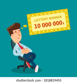 A man sitting in a chair and dreams of winning big money in the lottery. The guy wants to hit the big jackpot. Vector illustration, flat design, cartoon style, isolated background.
