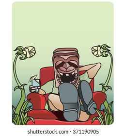 man sitting in a chair with a drink or coctail wearing a native mask relaxing with a hand behind his head & tall strange flowers on either side of him