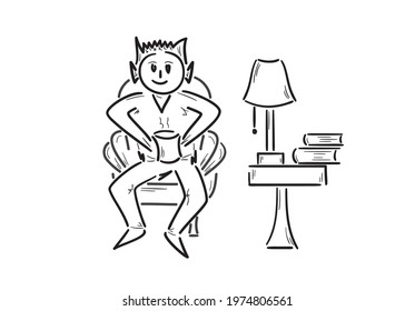 Man sitting in the chair with drink of hot tea. Books and lamp on the table. Created from lines. Isolated on white background.