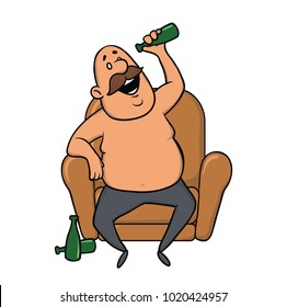 Man sitting in a chair and drinking beer. Vector illustration, isolated on white background.