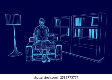 A man is sitting in a chair in front of a bookshelf. The bookshelf is full of books, and the man is reading a book. Scene is calm and relaxed