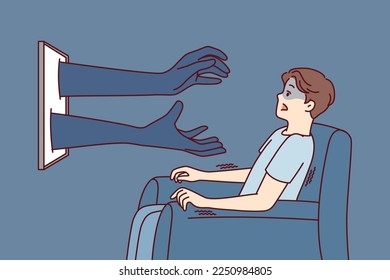 Man sitting in chair in front TV gets scared when sees hands reaching out from display. Shocked guy after learning unexpected information from documentary program opens mouth. Flat vector design  svg