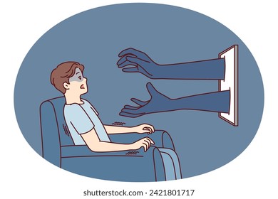 Man sitting in chair in front TV gets scared when sees hands reaching out from display. Shocked guy after learning unexpected information from documentary program opens mouth. Flat vector design svg