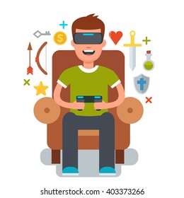 
Man sitting in chair and gaming with Virtual reality glasses. Vector cartoon illustration. Vr glasses.