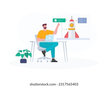 a man is sitting in a chair and at his desk there is a laptop he is analyzing his startup business data for success
flat design, vector illustration