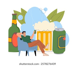 A man sitting in a chair holding a beer can, surrounded by beer bottles, a glass of beer, and leaves, on a white background. Relaxation concept. Vector illustration