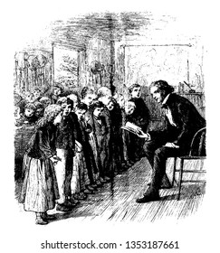 A man sitting in chair and holding book, children standing in front of him in horizontal line, vintage line drawing or engraving illustration