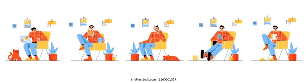 Man sitting in chair at home and work online. Remote worker or student use laptop, mobile phone, eat, read book and sleep in house. Vector set of flat illustrations of girl freelancer lifestyle