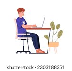 Man sitting in chair at laptop computer at desk, side view. Person at ergonomic workplace during work, study. Character working at table. Flat graphic vector illustration isolated on white background
