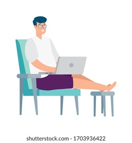 man sitting in chair with laptop isolated icon vector illustration design