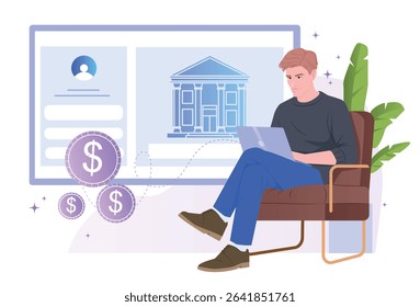 Man sitting in chair with laptop, managing online banking transactions, digital dollar coins, flat graphic style, white background. Concept of personal finance. Vector illustration