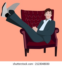The man is sitting in a chair. Legs are raised up. Relaxation. Vector illustration in a flat style.