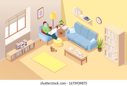 Man sitting in chair with notebook doing freelance job or remote work. Boy working at home with legs put on ottoman. Male using laptop for overwork at his house. Living room interior.Internet job