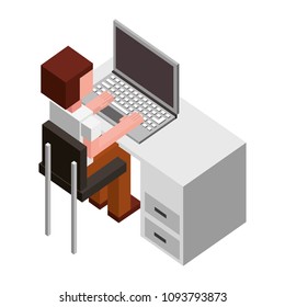 man sitting in chair with office desk and laptop computer isometric icon