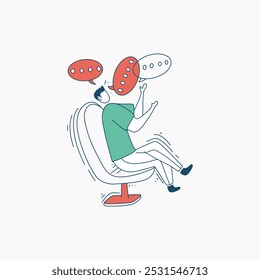 A man sitting in a chair, overwhelmed by a multitude of speech bubbles, representing a potential feeling of mental overload.