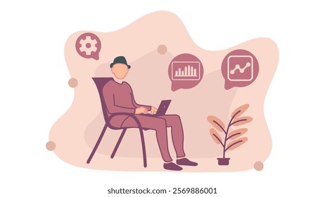 A man is sitting in a chair and playing on a laptop, doing assignments and work. Vector illustration in flat design style