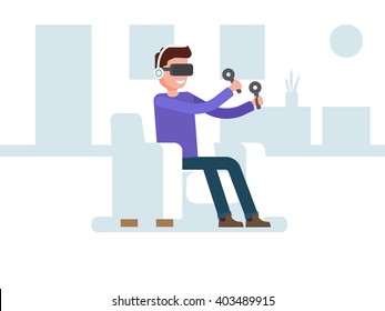Man sitting in a chair and playing using virtual reality headset. Vector flat design illustration