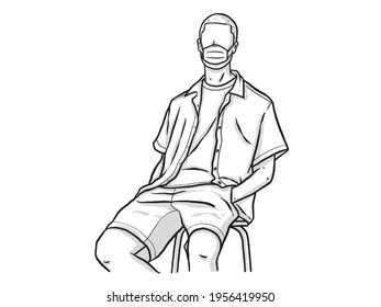 A man sitting in a chair putting his hand on his pants. Wear a mask. New normal. Human character on white background. Hand drawn style vector design illustrations.