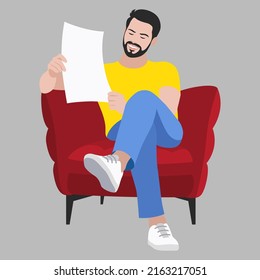 A man is sitting in a chair reading a newspaper. Flat design. Vector illustration