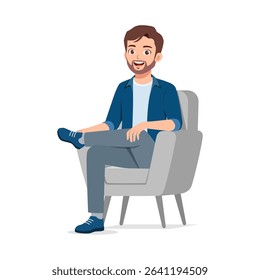 Man sitting in a chair with a relaxed posture, smiling, wearing casual clothes in vector art