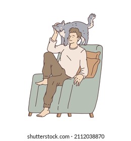 Man is sitting in a chair and stroking cat pet. Doodle contour line illustration.