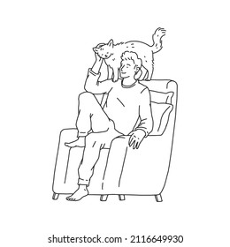 Man is sitting in a chair and stroking cat pet. Doodle black white contour line illustration.
