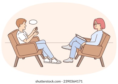 Man sitting in chair talking with psychotherapist. Male patient speak with psychologist at session. Psychotherapy and mental health. Vector illustration.