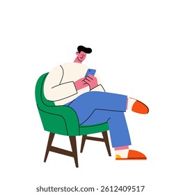 Man sitting in chair using smartphone. Casual modern male character illustration.