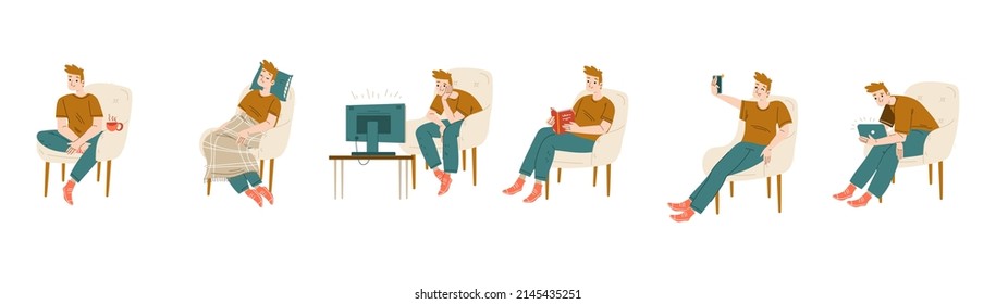 Man sitting in chair, watch tv, read book and take selfie on mobile phone. Vector flat illustration of person relax at home, sit in armchair with coffee, tablet, sleep with blanket and pillow