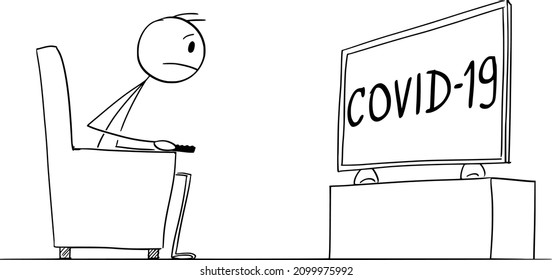 Man sitting in chair and watching coronavirus or covid-19 epidemic news in TV or television. Vector cartoon stick figure or character illustration.