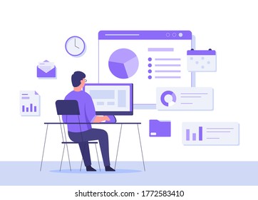 Mann sitzend in einem Stuhl arbeitende Desktop-Hintergrund Kalender Uhr E-Mail-Ordner-Diagramm auf dem E-Mail-Bildschirm. produktives Konzept mit flachem Cartoon-Stil.