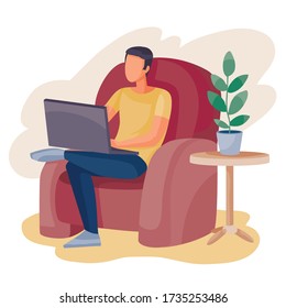 man sitting in a chair and working on a laptop, freelance, isolated object on a white background, vector illustration,