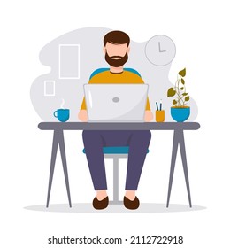 A man is sitting in a chair and working on a laptop. The concept of home office, study, online education in quarantine. Vector illustration in flat style.