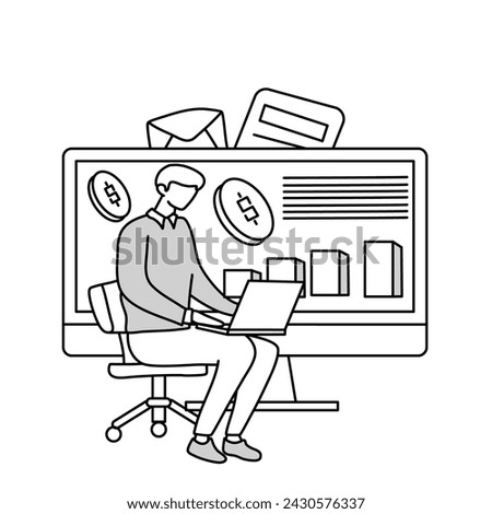 a man sitting in a chair works using a laptop, working to generate high income, with graphs on a big board, capital market graphs, doodle cartoon illustration