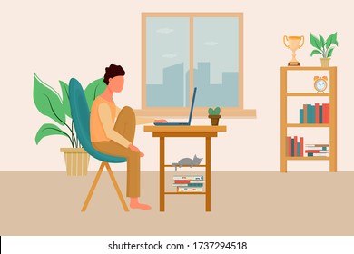 Man sitting in cheir in comfortable position using laptop. Interior living room. Stock vector illustration with books, plants and cat. Freelance, education concept.