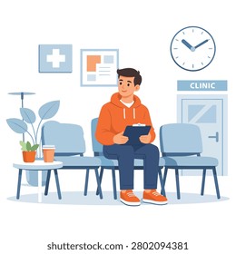 Man sitting in clinic waiting area, using tablet, modern healthcare scene