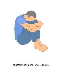 hombre se sienta triste en posición cerrada. ilustración vectorial de un hombre sobre un fondo blanco