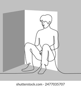 man sitting in the closet - one line vector. concept difficulties of coming out. Handmade vector not AI