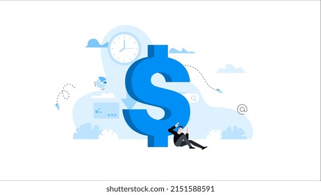 Man sitting clutching his head near large dollar sign. Animation ready duik friendly vector. Conceptual business story. Financial crisis, economic recession, bankruptcy, depression.