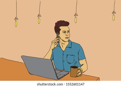 a man is sitting in a coffee shop and he is on the phone holding a cup illustration