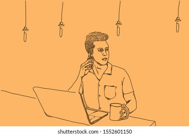 a man is sitting in a coffee shop and he is on the phone holding a cup illustration