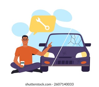 Man sitting with coffee showing towards half-damaged car, wrench icon above, cartoon style on white background. Concept of vehicle repair. Vector illustration