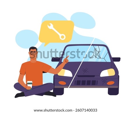 Man sitting with coffee showing towards half-damaged car, wrench icon above, cartoon style on white background. Concept of vehicle repair. Vector illustration