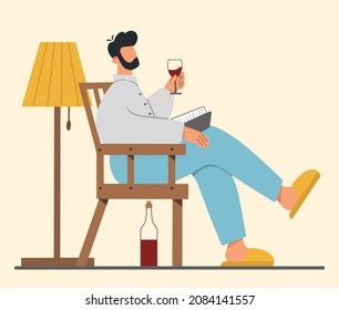 Un hombre sentado en un cómodo sillón con un libro y una copa de vino en casa. Pasando tiempo en una casa acogedora. Concepto de relajación, ocio o descanso. Ilustración vectorial plana.