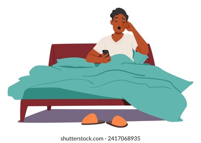 Man Sitting Comfortably In Bed, Yawn, Phone in Hand, Eyes Closed, Surrounded By The Tranquility Of Room. Character Ready To Embrace The Peaceful Embrace Of Sleep. Cartoon People Vector Illustration