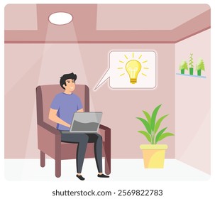 A man sitting comfortably holding a laptop surrounded by plants and light bulbs depicts inspiration. Flat vector modern illustration 