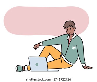 A man is sitting comfortably on the floor and looking at a laptop. hand drawn style vector design illustrations. 