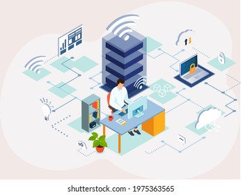 Man sitting with computer communicating online, people connecting together, learning and meeting online via teleconference or video call remote working on laptop computer, work from home and anywhere