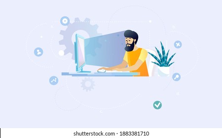 A man is sitting at a computer. Correct plant placement in the workplace.How to place a flower correctly.