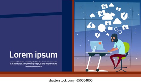 Man Sitting At Computer Hacker Activity Concept Viruses Data Privacy Attack Internet Information Security Flat Vector illustration